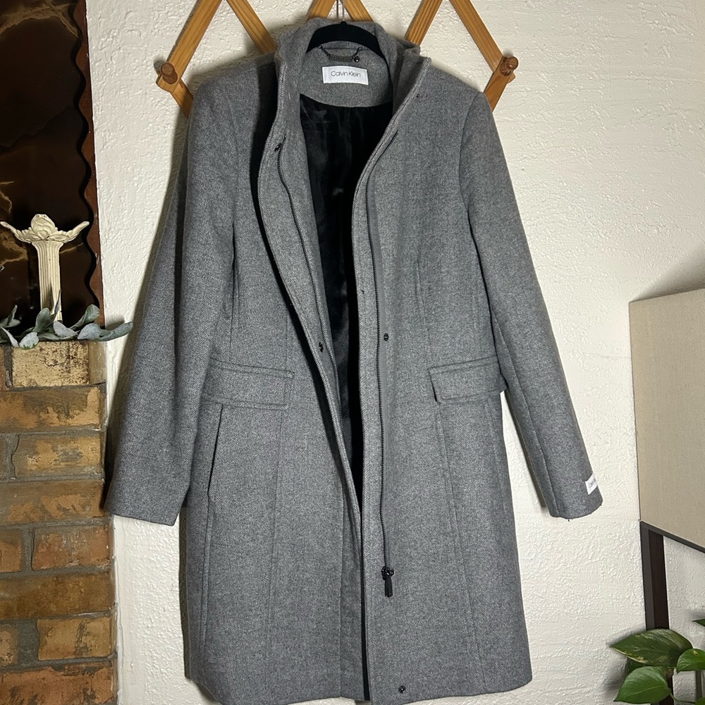 Calvin Klein Women's Gray Wool-Blend Hooded Trench Coat